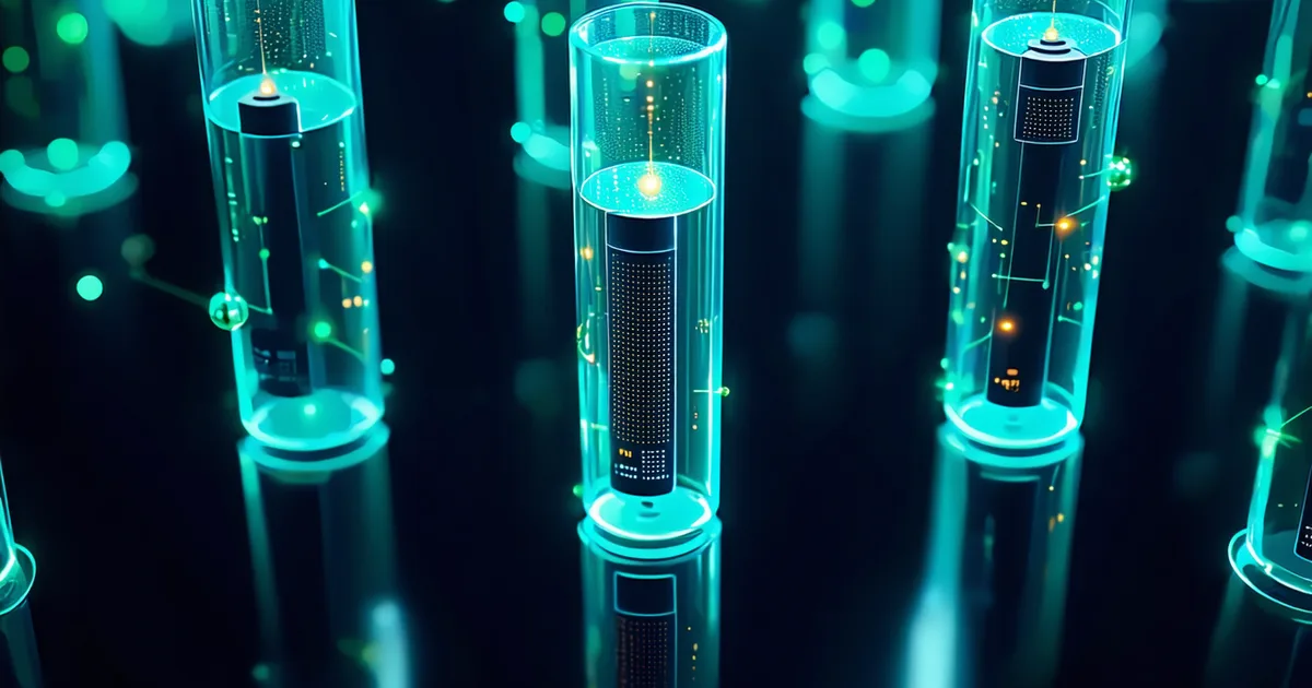 Close-up of cylindrical battery cells in formation chamber with voltage measurement equipment