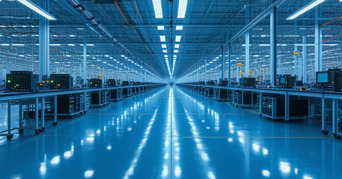 Overhead view of gigafactory production line showing formation racks and quality inspection stations