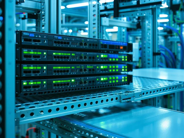 Industrial edge computing hardware on a server rack in a manufacturing environment with formation cycling equipment in background