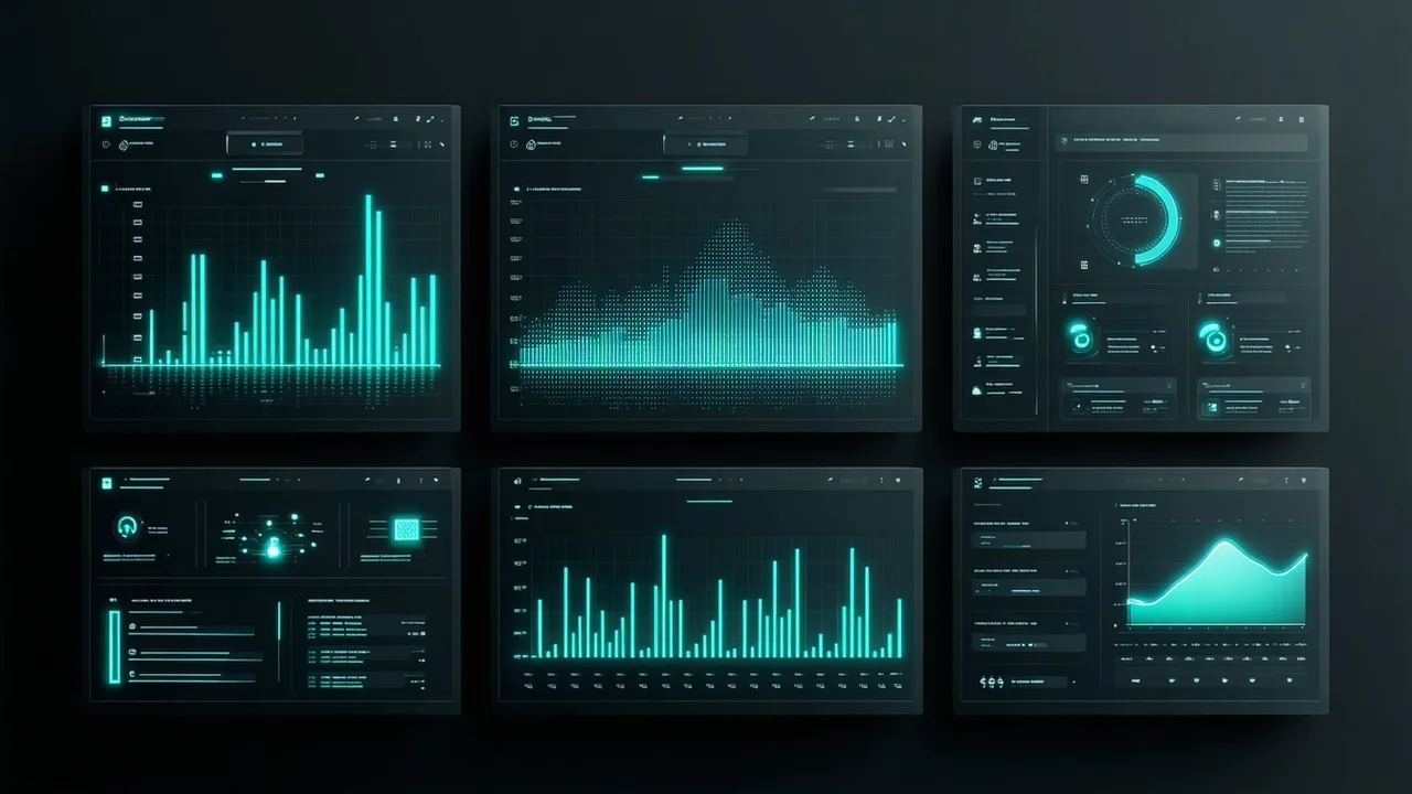 Abstract formation yield analytics dashboard interface with dark theme, bar charts, and real-time monitoring indicators